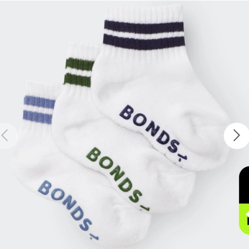 Bonds Baby Logo Cushioned Quarter Crew With Stripe 3 Pack | Baby Socks | RXGY3N