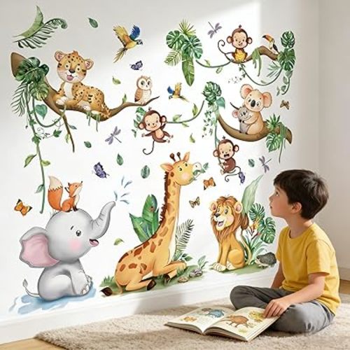 Baby Animal Wall Decals for Nursery: Jungle Safari Theme Kids Room Decor with Peel and Stick Removable Vinyl Wall Stickers for Kids Ages 0-12 Years