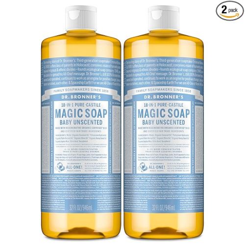 Dr. Bronner's Magic Soap-Pure-Castile Liquid Soap (Baby Unscented, 32 ounce, 2-Pack)-Regenerative Organic Certified Oils, 18-in-1 Uses: Body, Laundry & Dishes, For Sensitive Skin, No Fragrance