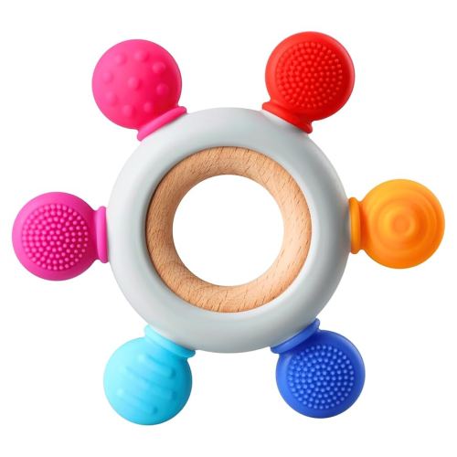 Baby Teething Toys, Silicone Chewable Teethers with Wooden Ring for Soothing Babies Gums, Rudder Chewers Shower Gift for lnfants & Toddlers, 3+ Months (6 Directions, Rainbow)