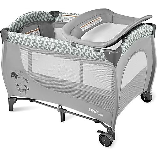 LIVINGbasics 3-in-1 Baby Playard, Foldable Baby Bassinet with Diaper Changing Table for Home/Travel/Outdoor