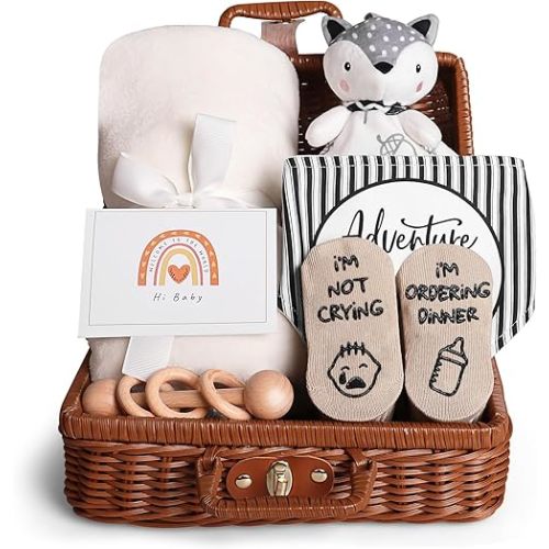 Baby Shower Gifts, Baby Gifts for Girls Boys, Unique Baby Gifts Basket Essentials Stuffs - Baby Lovey Blanket Newborn Bibs Socks Wooden Rattle & Greeting Card, Newborn Baby Gift Set
