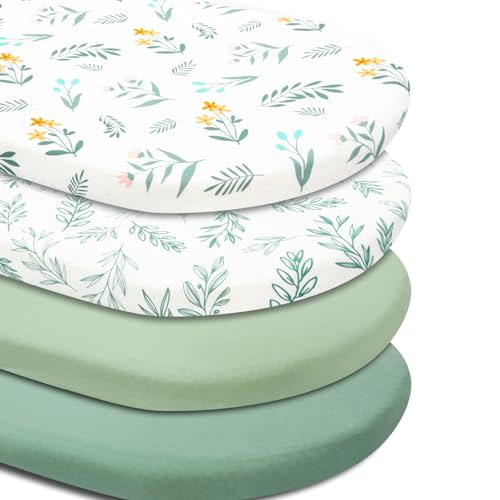 4 Pack Sage Green Fitted Nursery Sheets Breathable Neutral Unisex Baby Sheets for Boys or Girls with Leaf and Flower Design (Bassinet)