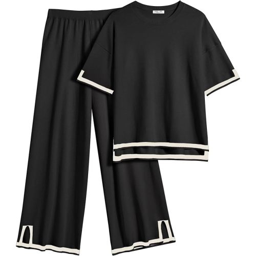 Ekouaer Lounge Set for Women Travel Outfits 2 Piece Sets Short Sleeve Sweater Top Wide Leg Long Pants Loungewear