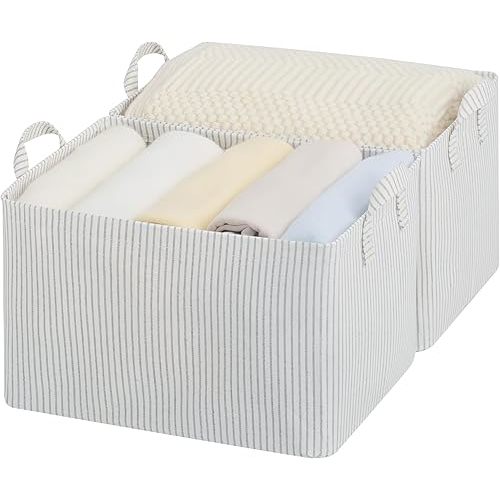 StorageWorks Storage Bins, Shelves Baskets for Organizing, Large Fabric Closet Organizers with Handles, Metal Frame, Gray and White Stripes, 2-Pack