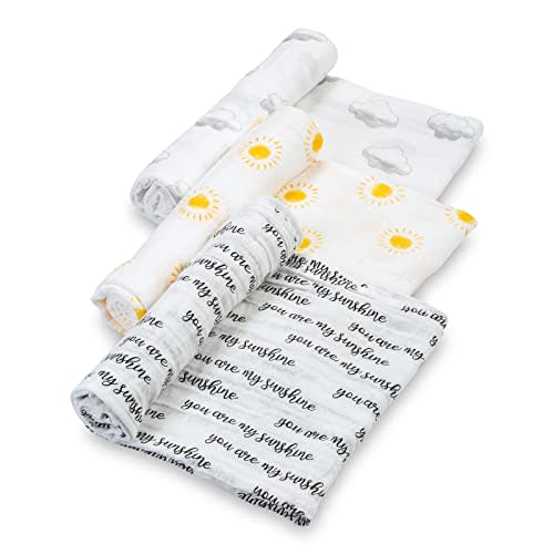 LollyBanks Swaddle Blanket | 100% Muslin Cotton | Gender Neutral Newborn and Baby Nursery Essentials for Girls and Boys, Registry | Sun and Cloud 3 Pack