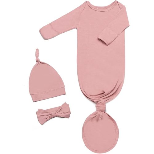 Knotted Gown Baby Newborn Hospital Outfit, Modal Infant Sleeper Gowns with Mittens, Bow and Hat Set, Nightgowns 0-3 Months