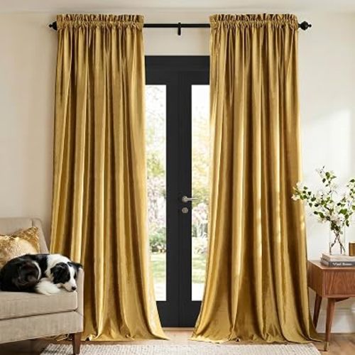 PRIMROSE Gold Curtains 72 inch for Living Room Velvet Blackout Rod Pocket Window Drapes Treatment Semi Room Darkening Decor Golden Curtains for Bedroom Set of 2 Panels