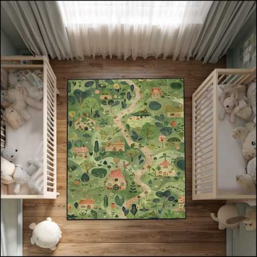 Kids Storybook Village Rug: Green Nursery Play Mat, Washable Floor Decor