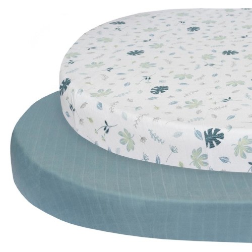 2pc Living Textiles Organic Muslin Round/Oval Cot Fitted Sheet Banana Leaf/Teal