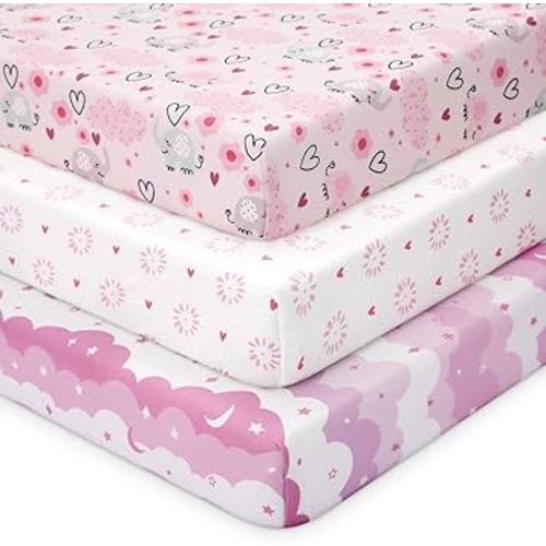 Looxii Baby Crib Sheets for Girls, 3 Pack Fitted Crib Sheet for Standard Crib and Toddler Mattress, Ultra Soft Breathable Microfiber Baby Sheet 52x28x8in