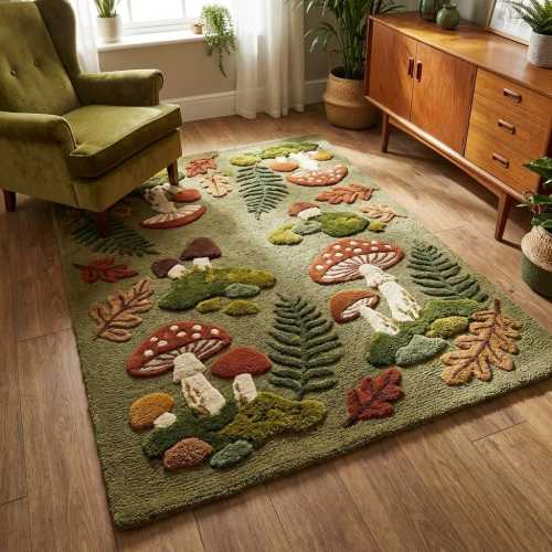 Hand Tufted Mushroom Rug, Cottagecore Woodland Area Rug, Moss Green Forest Decor Carpet