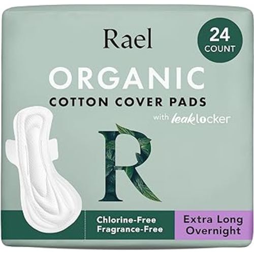 Rael Pads for Women, Organic Cotton Cover - Period Pads with Wings, Feminine Care, Sanitary Napkins, Ultimate Absorbency, Unscented, Ultra Thin (Extra Long Overnight, 24 Count)