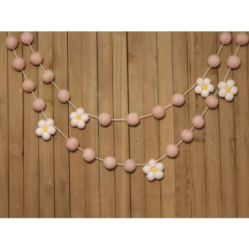 Blush Daisy Felt Ball Garland, Girl Nursery Decor, Baby Shower Decorations, Little Girls Room Wall Hanging, Neutral Rainbow Wool Pom Poms