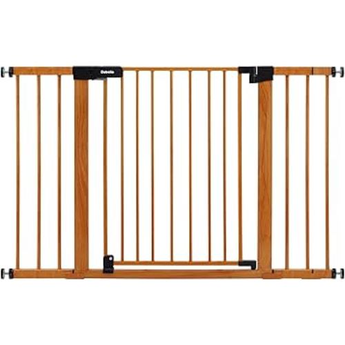 BABELIO 29-48" Metal Baby Gate with Brown Wood Pattern, Auto Close Dog Gate PressGuard P7 for The House, Stairs and Doorways, Pressure Mounted Pet Gate with Door, Safety Gate for Child and Pets