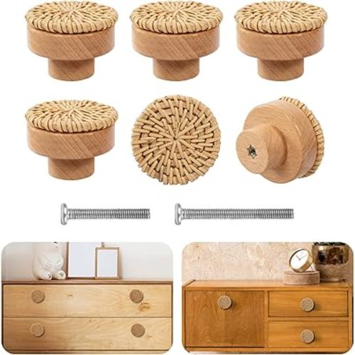 ANPHSIN Boho Rattan Cabinet Dresser Knobs- Durable Beech Wood Drawer Knobs, Decorative Handmade Wicker Woven Pulls Handles with 12 Screws for Home Furniture