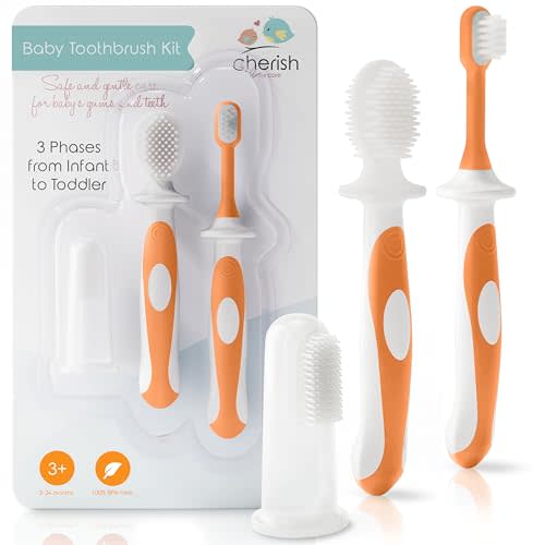 Cherish Baby Care Baby Toothbrush & Toddler Toothbrush Set (0-2 Years) - BPA-Free & Safety-Tested, 2023 Award Winner, Food-Grade Silicone (Orange)