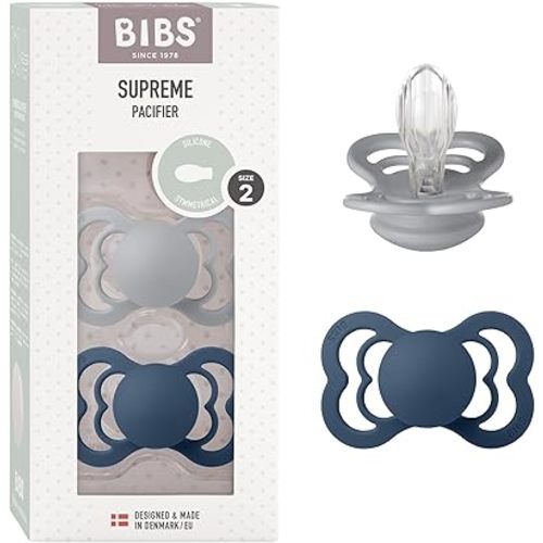 BIBS Supreme Baby Pacifier 2-Pack | Made in Denmark | BPA Free Dummy Soother, Symmetrical Nipple. Silicone, Size 2 (6-18 Months), Cloud/Steel Blue