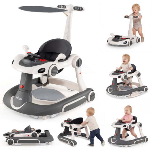 OLAKIDS 6-in-1 Baby Walker, Converts Push Car to Bouncer, Rocker with Music, Lights, Adjustable Height & Speed, Activity Center, Canopy for 7-18 Months