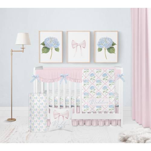 Baby Girl Crib Bedding Set, Pink Crib Bedding Girl, Chic Grandmillenial Bedding Crib Sets Girl, Heirloom Bow Blue Hydrangea Nursery Decor