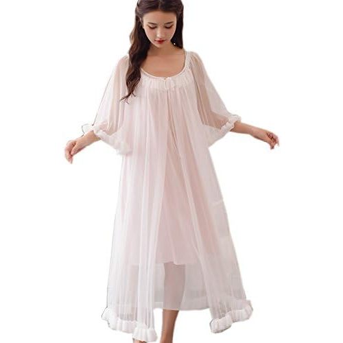 Womens Sexy Vintage Loungedress Nightgown 2 pcs Victorian Sleepwear Nightshirt Girls Pajamas