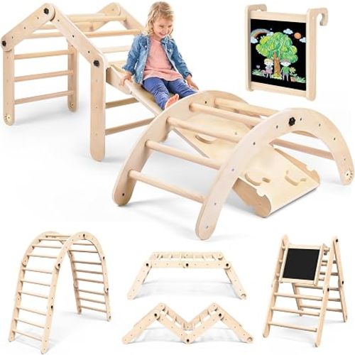 Norbee 7-in-1 Deformable Pikler Triangle Set with Sliding Ramp & Climbing Arch Ramp, Wooden Toddler Climbing Toys Indoor, Playground Jungle Gym for Kids, Montessori Climbing Set for Toddlers