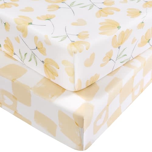 Pack and Play Sheets for Boys Girls, 38" x 26" Mini Crib Sheets Fitted for Pack n Play Mattress, Soft Breathable Playard Sheets, 2-Pack Yellow Flowers