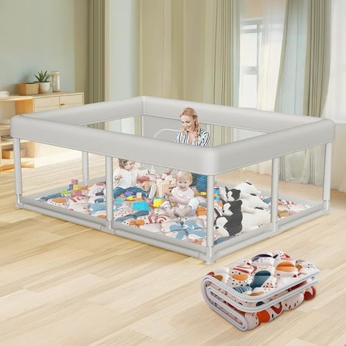 65 x 50 Inch Baby Playpen with Mat, PlayPen for Babies and Toddlers, Sturdy Safety Play Yard for Indoor & Outdoor with Zipper Gates, Anti-Fall