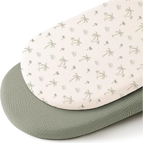 Konssy Muslin Bassinet Sheets for Baby Girl Boy, 2 Pack Soft Breathable Baby Bassinet Mattress Sheets Fit for Hourglass Oval Cradle, Moses Basket Rectangle Mattress (Tree,Fog Green)