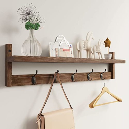 AMBIRD Wall Mount Wood Shelf with Hooks, 5 Dual Hooks Brown