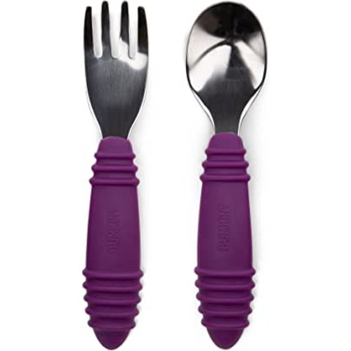 Bumkins Toddler Utensils, Kids Size Fork and Spoon Set, Silicone and Stainless-Steel Training Silverware, Angled Forks / Sporks for Self-Feeding, Children Hold Learning to Eat, 18 Months Up, Purple