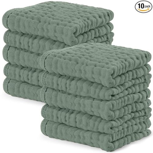 Comfy Cubs Muslin Baby Washcloths 10 Pack - Soft 6-Layer Cotton Wash Cloths for Sensitive Skin - 10"x10" Large, Gentle, Absorbent Infant Essentials for Newborn and Toddlers - Fern