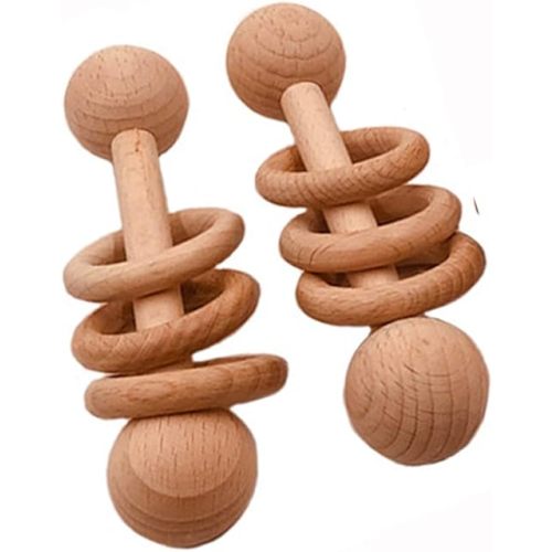 2pcs Beech Wood Ring Rattle Chew Wood Beads Rattling Teething Gym Montessori Toys Wooden Educational Ring Rattle (Rattle 2pcs)