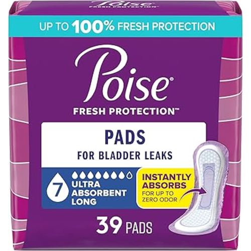 Poise Incontinence & Postpartum Pads for Bladder Leaks, 7 Drop Ultra Absorbency, Long Length, 39 Count, Packaging May Vary