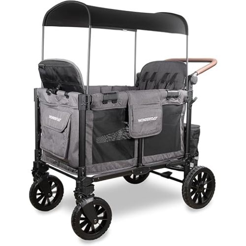 WonderFold W4 Luxe Pro Stroller Wagon - Collapsible Stroller Wagon with Aluminum Frame - Adjustable Canopy & Push Handle - XL All-Terrain Wheels - For Babies, Toddlers & Kids - 4 Seater - Gray