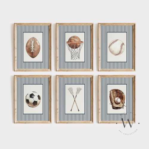 Set of 6 Navy Sports Prints | Vintage Style Illustrations | Baseball, Football, Lacrosse, Soccer, Basketball | Boys Room Nursery Art | PS176