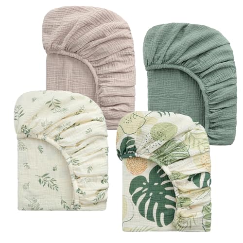 Muslin Crib Sheets, 52"x28" Fitted Crib Sheet for Baby Boys and Girls, 4 Pack Soft Cotton Cover for Standard Crib Baby Bed and Toddler Mattress (Leaves, Green)