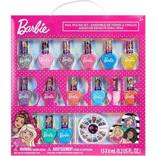 Townley Girl Barbie Movie 18 Piece Set Kids Water-Based Nail Polish Set, Includes Nail Polish, Nail Gems, Nail File for Age 3+, Parties Birthday