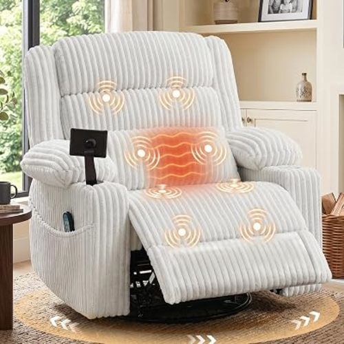 Power Swivel Rocker Recliner w/Massage and Heat, USB A&C, Pale Grey