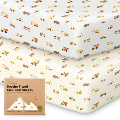 2-Pack Mini Crib Sheets Fitted - 38x26 Pack N Play Sheets for Pack and Play Mattress, Organic Cotton, Soft & Breathable Playard Bedding, Neutral Mini Toddler Bed Cover for Boys, Girls (Construction)