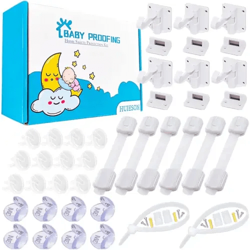40 Pack Baby Proofing Kit | Hidden Cabinet Drawer Locks, Adjustable Latches, Outlet Covers, Corner Guards & Anti Tip Furniture Anchors Kit. Protecting Baby from Safety Hazards in Your Home.