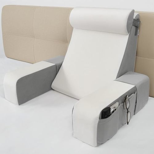 Vekkia Reading Pillow with Adjustable Arms & Headrest – Zoned Foam Support, XL Side Pockets, Removable Cover, Back Support Chair for Reading, Gaming, Post-Surgery Recovery in Bed or Floor, 21"