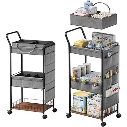 BBLIKE 3-Tier Diaper Caddy Organizer - Rolling Utility Baby Cart with Basket and Side Pockets for Nursery and Baby Essentials, Multi-Function Cart for Bedroom and Bathroom
