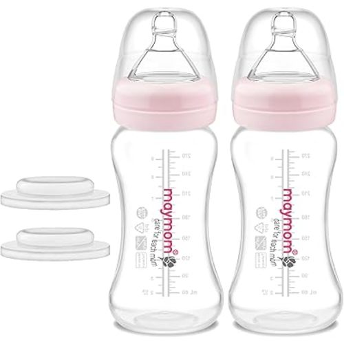 Maymom Wide-Mouth Milk Collection Storage and Feeding Bottle with Nipple, Pink Dome Cap, Bottle Top, SureSeal Sealing Disk; Compatible with Spectra Pump/Motif Luna; 2 pc (9Oz/280mL)