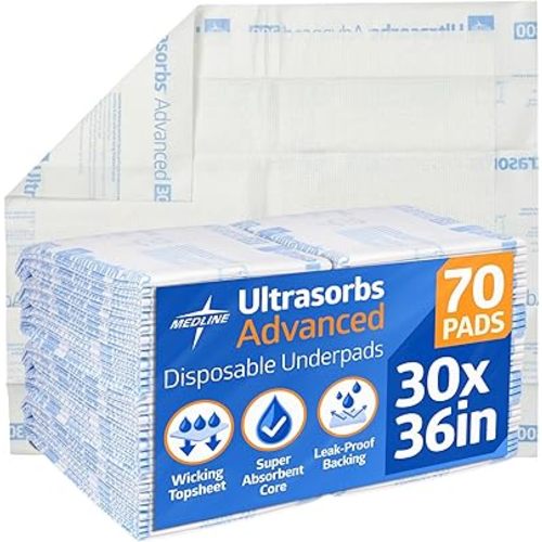 Medline Advanced Ultrasorbs Drypads, 30" x 36", 70 Count, Large Disposable Bed Pads, Incontinence Bed Pads, Super Absorbent Chucks For Adults, Elderly, 300 lb Weight Capacity