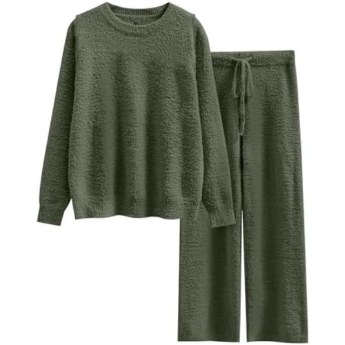 ANRABESS Women's Fuzzy Fleece Pajama Sets 2 Piece Outfits Long Sleeve Top Wide Leg Pants Lounge Matching Set 2025 Fall Winter