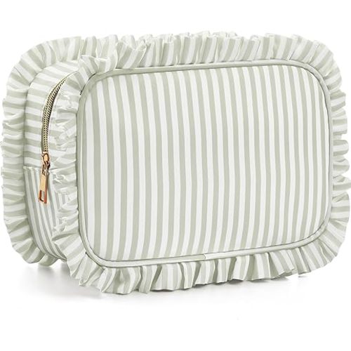 Kigeli Ruffle Makeup Bag Preppy Makeup Pouch Large Travel Cosmetic Bag Nylon Waterproof Toiletry Make up Organizer for Women (Striped,Morandi Green)