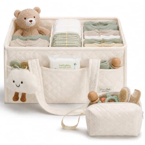 PeraBella Baby Diaper Caddy Organizer, Baby Basket Shower Gift, Portable Changing Table Basket, Postpartum Caddy & Tote Bag Pouch, Newborn Boy & Girl Nursery Essentials Registry, Car Diaper Organizer