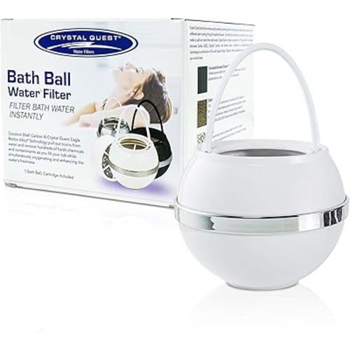 Crystal Quest Bath Ball Water Filter for Bathtub - 3-Stage Filtration, Removes Chlorine, Chloramine & Byproducts, 2,500 Gallons, BPA Free, pH Balanced Water, Fits Most Tubs, Easy Install - White