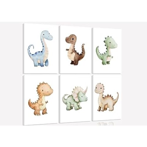 6Pcs Dinosaur Nursery Wall Art Kids Room Canvas Poster Toddler Baby Watercolor Dino Wall Decor Dinosaur Painting Prints Cute Dino Pictures for Nursery Bedroom Boy Playroom Framed